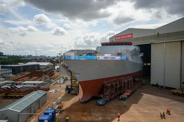 The forward section of Type 26 Frigate HMS Cardiff is rolled out from the SBOH at BAE Systems Shipyard in Govan, Scotland. Picture: John Linton/BAE Systems/Royal Navy