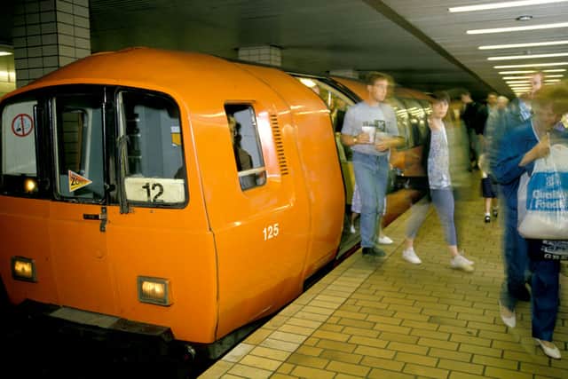 A photograph of the old Glasgow subway carriages from 1993.