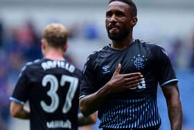 Jermain Defoe celebrates a goal with Scott Arfield during his spell at Rangers. Cr. Getty Images.