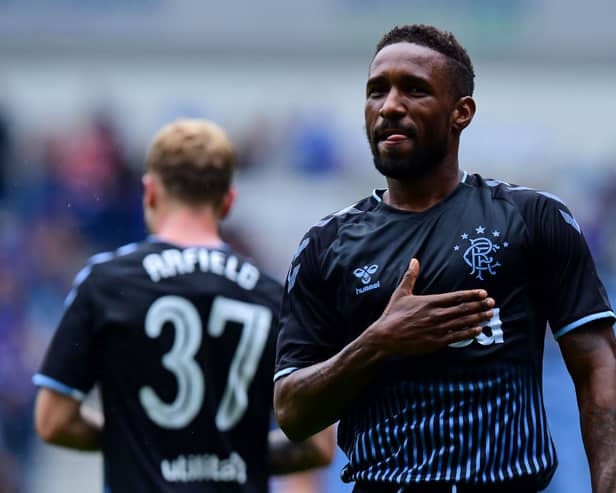 Jermain Defoe celebrates a goal with Scott Arfield during his spell at Rangers. Cr. Getty Images.