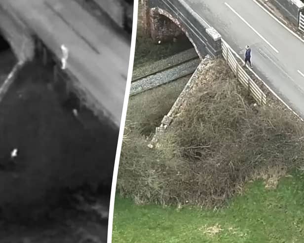 A puppy missing for five days is carried to safety after a heat-seeking drone camera found him at the bottom of a bramble-filled ditch. Picture: John Watton Drone SAR / SWNS