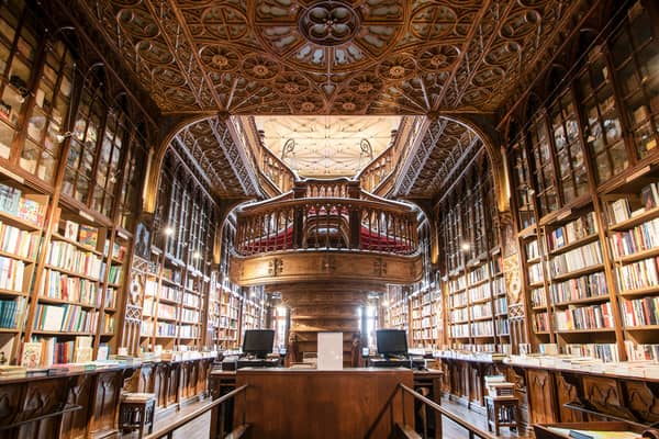 The remarkable interior of the Livraria Lello bookshop in Porto, Portugal.