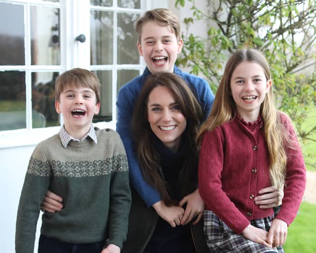 The Princess of Wales Kate Middleton with her children, Prince Louis, Prince George and Princess Charlotte, taken by Prince William and released on social media to mark Mother's Day 2024. Photo by Prince of Wales/Kensington Palace/PA Wire.