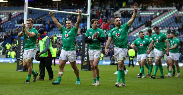 Ireland celebrate victory against Scotland at Murrayfield in the 2023 Six Nations.