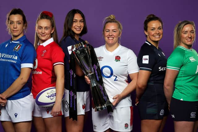 Team captains Elisa Giordano, Hannah Jones, Manae Feleu, Marlie Packer, Rachel Malcolm and Edel McMahon at the launch of the Guinness Women's Six Nations 2024.