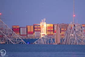 The remains of Francis Scott Key Bridge in Baltimore after it collapsed following a collision with a ship.