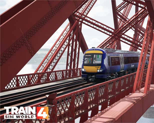 A virtual train crossing a virtual Forth Bridge.