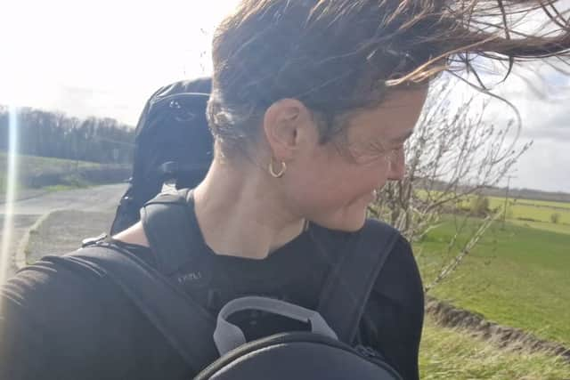 Trying to walk across some very exposed land in East Lothian in high winds 