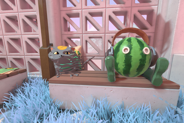 Melanie the watermelon and Cait the cat in Viewfinder. 