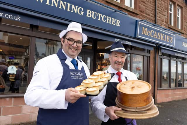 Butcher Nigel Ovens (left) owner of McCaskies in Wemyss Bay who has bought the recipes, brand and intelectual property of World Scotch Pie Champion Alan Pirie of James Pirie & Son Newtyle, Angus