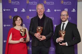 Sarah Baylus, Swen Vincke and David Walgrave who won Best Game Award with Baldur's Gate 3 at the Bafta Games Awards. Image: Jonathan Brady/PA Wire 