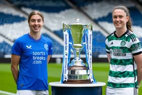 Rangers' Nicola Docherty and Celtic's Kelly Clark during the Scottish Gas Women's Scottish Cup Semi-Final press conference. Cr. SNS Group.