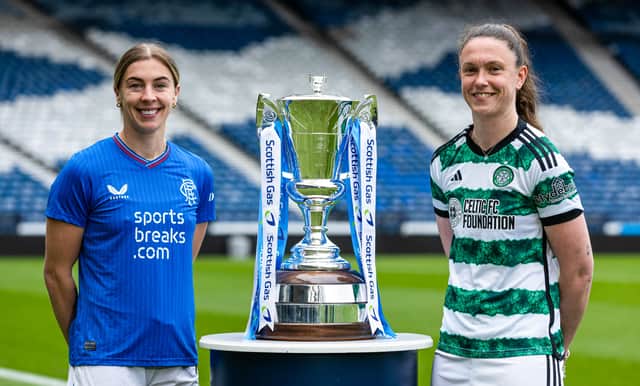 Rangers' Nicola Docherty and Celtic's Kelly Clark during the Scottish Gas Women's Scottish Cup Semi-Final press conference. Cr. SNS Group.