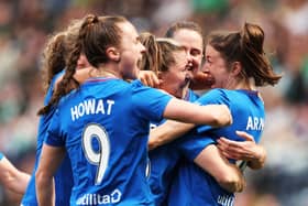 Chelsea Cornet celebrates with Lizzie Arnot and Kirsty Howat after scoring to make it 1-0 during a Scottish Gas Women's Scottish Cup. Cr. SNS Group.