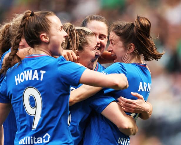 Chelsea Cornet celebrates with Lizzie Arnot and Kirsty Howat after scoring to make it 1-0 during a Scottish Gas Women's Scottish Cup. Cr. SNS Group.