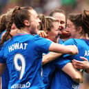 Chelsea Cornet celebrates with Lizzie Arnot and Kirsty Howat after scoring to make it 1-0 during a Scottish Gas Women's Scottish Cup. Cr. SNS Group.