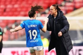 Chelsea Cornet celebrates with Rangers Head Coach Jo Potter after scoring to make it 1-0 Rangers. Cr. SNS Group.