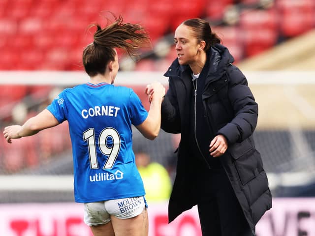 Chelsea Cornet celebrates with Rangers Head Coach Jo Potter after scoring to make it 1-0 Rangers. Cr. SNS Group.