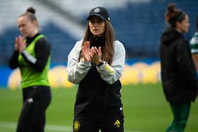 Celtic Head Coach Elena Sadiku claps the Hoops support at the final whistle at Hampden. Cr. SNS Group.