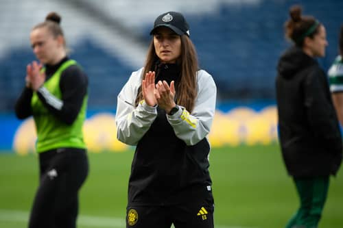 Celtic Head Coach Elena Sadiku claps the Hoops support at the final whistle at Hampden. Cr. SNS Group.