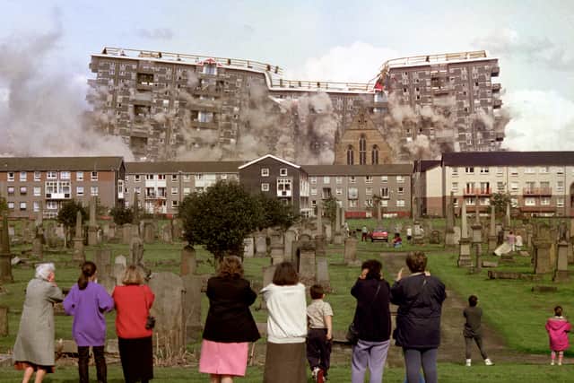 The demolition of two 19 storey block of flats designed by Sir Basil Spence at Queen Elizabeth Square, Gorbals in Glasgow, was billed as the biggest controlled explosion in Europe since the Second World War. One woman died after being hit by flying rubble.