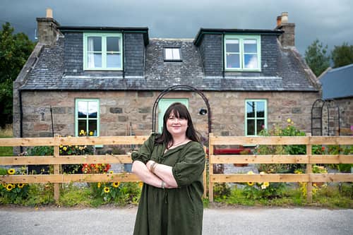Homeowner Rachel outside Quiney Cottage, in Banchory.