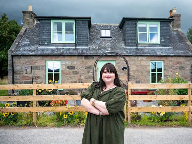 Homeowner Rachel outside Quiney Cottage, in Banchory.