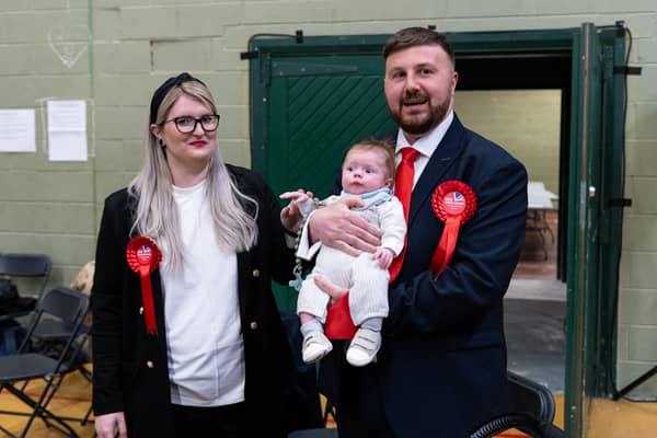 Chris Webb celebrates his win at the Blackpool South by-election with his wife Portia Webb and 11 week old baby Cillian Douglas Webb. Photo: Kelvin Lister-Stuttard