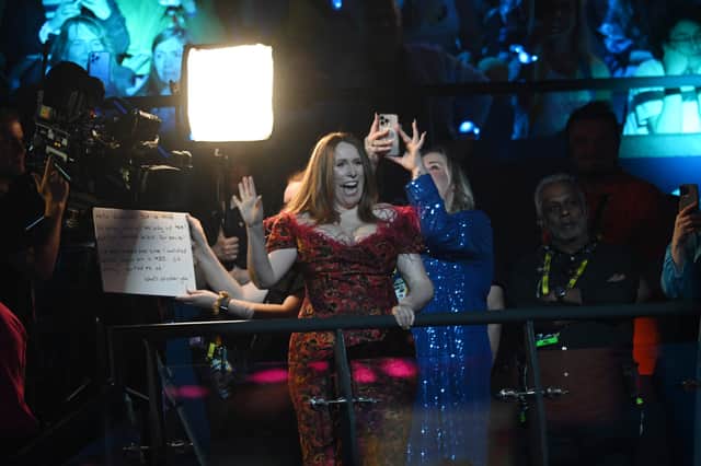 Catherine Tate on stage during the Grand Final of Eurovision 2023 in Liverpool. 
