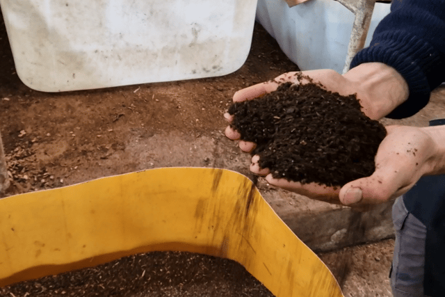 The worms from the worm farm break down the compost once it has cooled after 'cooking' for a few weeks before it is then spread onto fields  