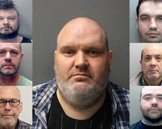 Marius Gustavson (centre), 46, of Haringey, north London, the mastermind of a lucrative extreme body modifications enterprise who cooked human testicles to eat in a salad who has been jailed for life at the Old Bailey in London. Clockwise from top left: Janus Atkin, Marius Gustavson, Ion Ciucur, Peter Wates, Ashley Williams, Stefan Scharf and David Carruthers.