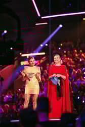 The hosts of Eurovision 2024 during the second semi-final. Image: 