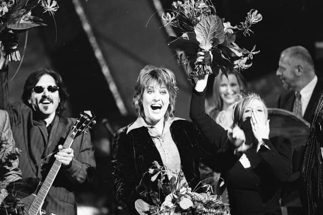 Katrina and The Waves winning the Eurovision Song Contest in Dublin, 1997. Image: Getty