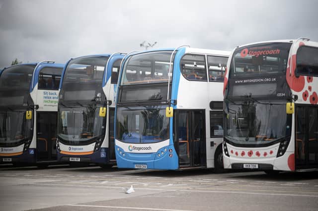 A row of parked Stagecoach buses