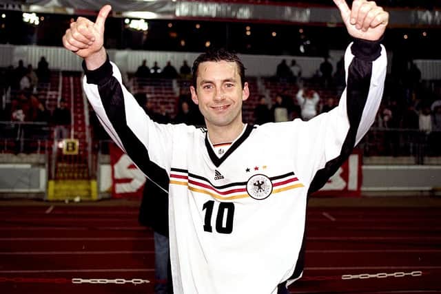Don Hutchison gives the thumbs up after winning against Germany in the Weserstadion in Bremen, Germany.