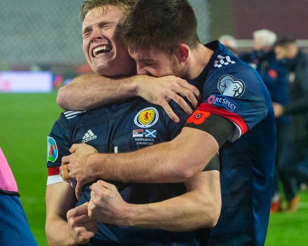 Declan Gallagher celebrates Scotland's qualification for Euro 2020 against Serbia. Cr. SNS Group.