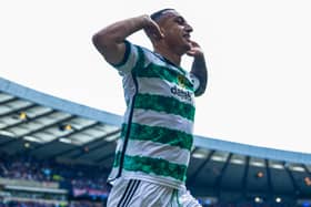 Celtic's Adam Idah celebrates after scoring to make it 1-0 for the Hoops. Cr. SNS Group.