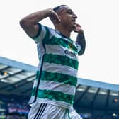 Celtic's Adam Idah celebrates after scoring to make it 1-0 for the Hoops. Cr. SNS Group.