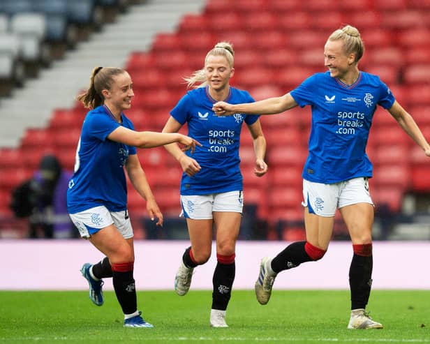 Rachel McLauchlan celebrates after scoring to make it 1-0 Rangers at Hampden Park. Cr. SNS Group.