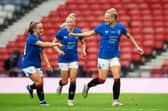 Rachel McLauchlan celebrates after scoring to make it 1-0 Rangers at Hampden Park. Cr. SNS Group.