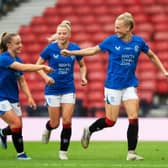 Rachel McLauchlan celebrates after scoring to make it 1-0 Rangers at Hampden Park. Cr. SNS Group.