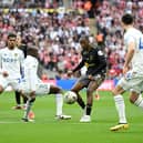 Former Rangers men Glen Kamara (left) and Joe Aribo (right) clash in the EFL Championship final at Wembley. Cr. Getty Images.