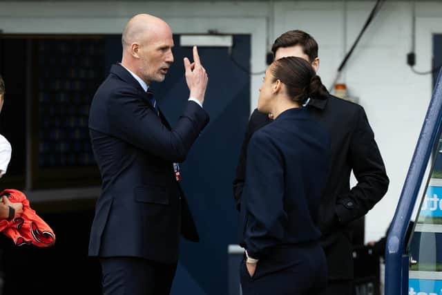 Rangers Manager Philippe Clement and Rangers Womnen Head Coach Jo Potter were deep in conversation following the Gers win over Hearts at Hampden Park. Cr. SNS Group.