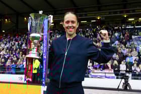 Rangers head coach Jo Potter celebrates her side’s Scottish Cup win at Hampden Park. Cr. SNS Group.