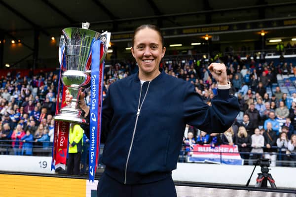 Rangers head coach Jo Potter celebrates her side’s Scottish Cup win at Hampden Park. Cr. SNS Group.