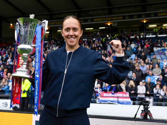 Rangers head coach Jo Potter celebrates her side’s Scottish Cup win at Hampden Park. Cr. SNS Group.