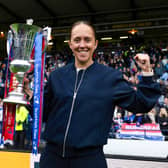Rangers head coach Jo Potter celebrates her side’s Scottish Cup win at Hampden Park. Cr. SNS Group.