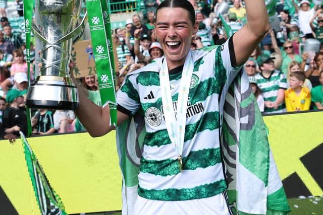 Natasha Flint celebrates Celtic's first ever SWPL title win. Cr. SNS Group.
