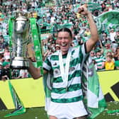 Natasha Flint celebrates Celtic's first ever SWPL title win. Cr. SNS Group.