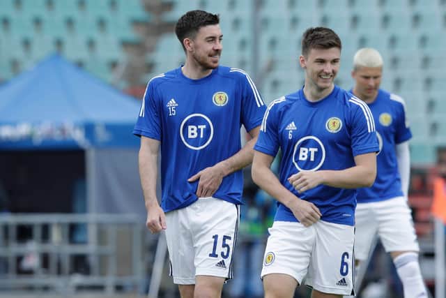 Declan Gallagher and Kieran Tierney train ahead of Scotland's Euro 2020 warm-up clash against Luxembourg. Cr. SNS Group.
